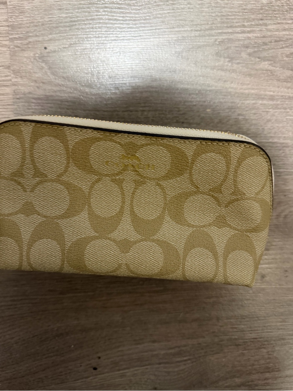 Coach Khaki Signature Canvas Zip Pouch with Chalk Trim